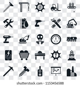 Set Of 25 transparent icons such as Factory, Planning, Switch, Bolt, Pick, Digger, Gauge, Saw, Electricity, Tools, Options, Crane, web UI transparency icon pack
