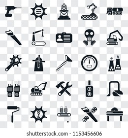 Set Of 25 transparent icons such as Saw, Wood cutting, Conveyor, Machinery, Roller, Digger, Gauge, Tools, Walkie talkie, Oilfield, Options, web UI transparency icon pack