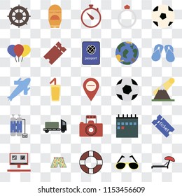 Set Of 25 transparent icons such as Sunbed, Sunglasses, Lifebuoy, Swimsuit, Booking, Flip flops, Ball, Photography, Oxygen tank, Balloon, Time, Sun protection, web UI transparency icon pack
