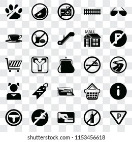 Set Of 25 transparent icons such as Parking, No alcohol, Card payment, smoking, Junction, parking, Mall, Girl, Coffee cup, camera, Slope, web UI transparency icon pack