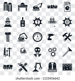Set Of 25 transparent icons such as Control panel, Refinery, Industrial robot, Wood cutting, Tank truck, Options, Drill, Gas mask, Tools, Oilfield, Excavator, Saw, web UI transparency icon pack