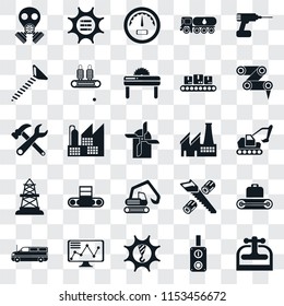 Set Of 25 transparent icons such as Machine press, Switch, Machinery, Stock, Cargo truck, Robot arm, Factory, Digger, Oilfield, Screw, Gauge, Options, web UI transparency icon pack