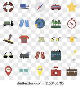 Set Of 25 transparent icons such as Suitcase, Photography, Gps, Snorkel, Map, Time, Sunglasses, Flip flops, Trailer, Compass, Check out, web UI transparency icon pack