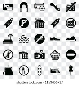 Set Of 25 transparent icons such as Mannequin, Mall, Traffic light, Restaurant, Purse, No camera, Shoes, Camera, alcohol, Discount, Cit card, Magnet, web UI transparency icon pack