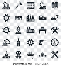 Set Of 25 transparent icons such as Wood cutting, Conveyor, Gas mask, Excavator, Saw, Machinery, Digger, Settings, print, Screw, web UI transparency icon pack