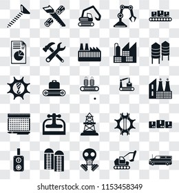 Set Of 25 transparent icons such as Cargo truck, Excavator, Gas mask, Silo, Switch, Conveyor, Oilfield, print, Plan, Digger, Wood cutting, web UI transparency icon pack