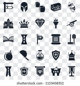 Set Of 25 transparent icons such as Standard, Castle, Shield, Tower, Cannon, Scroll, Poison, Cauldron, Beer, Helmet, web UI transparency icon pack