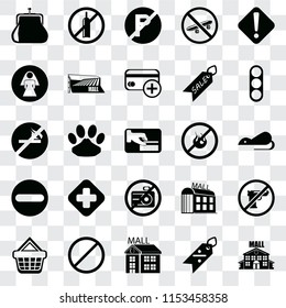 Set Of 25 transparent icons such as Mall, Discount, Forbidden, Shopping basket, Traffic light, No fire, camera, Restroom, parking, alcohol, web UI transparency icon pack