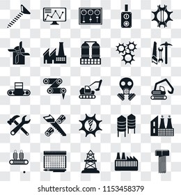 Set Of 25 transparent icons such as Bolt, Factory, Oilfield, print, Conveyor, Tools, Gas mask, Machinery, Mill, Control panel, Stock, web UI transparency icon pack