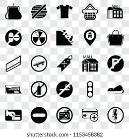 Set Of 25 transparent icons such as Electricity, Cit card, No camera, Forbidden, Card payment, Tote bag, Mall, smoking, drugs, Shirt, fast food, web UI transparency icon pack