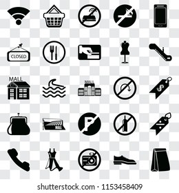 Set Of 25 transparent icons such as Paper bag, Shoes, No camera, Dress, Telephone, Escalator, turn, parking, Purse, Closed, wifi, Shopping basket, web UI transparency icon pack