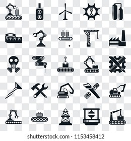 Set Of 25 transparent icons such as Conveyor, Machine press, Oilfield, Factory, Digger, Screw, Measure, Windmill, Switch, web UI transparency icon pack