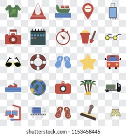 Set Of 25 transparent icons such as Swimsuit, Stamp, Flip flops, Check out, Snorkel, Sunglasses, Starfish, Camera, Water craft, Photography, Ship, Purse, web UI transparency icon pack
