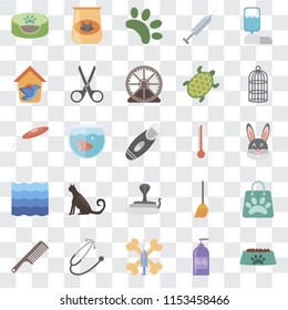 Set Of 25 transparent icons such as Bowl, Shampoo, Treats, Stethoscope, Comb, Cage, Thermometer, Snake, Water, Bird house, Animal, Cat food, web UI transparency icon pack