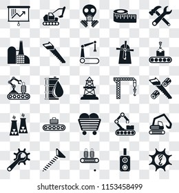 Set Of 25 transparent icons such as Machinery, Switch, Conveyor, Screw, Maintenance, Crane, Coal, Nuclear plant, Factory, Gas mask, Excavator, web UI transparency icon pack