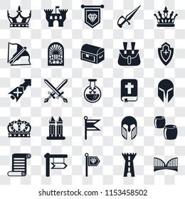 Set Of 25 transparent icons such as Bridge, Tower, Standard, , Scroll, Shield, Bible, Flag, Crown, Crossbow, Castle, web UI transparency icon pack