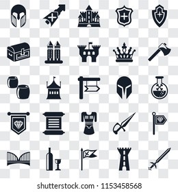 Set Of 25 transparent icons such as Sword, Tower, Flag, Wine, Bridge, Axe, Helmet, Tunic, Standard, Chest, Castle, Lance, web UI transparency icon pack