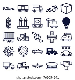Set of 25 transport outline icons such as truck, air balloon, forklift, plane, airport, road, car wash, excavator, truck with hook, box, globe, cargo arrow up