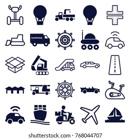 Set of 25 transportation filled and outline icons such as air balloon, tractor, cargo ship, shipping truck, cabriolet, garage, boat, car, runway, truck crane, road, helm