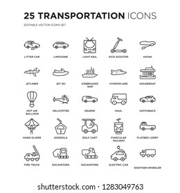 Set of 25 Transportation linear icons such as litter car, Limousine, light rail, Kick scooter, Kayak, houseboat, hatchback, vector illustration of trendy icon pack. Line icons with thin line stroke.