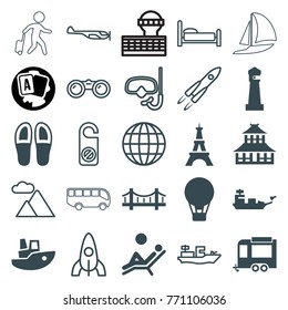 Set of 25 travel filled and outline icons such as lighthouse, temple, eiffel tower, air balloon, trailer, man laying in the sun, water military, helicopter, rocket