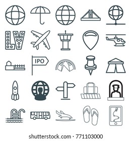 Set of 25 travel outline icons such as user globe, airport bus, chichen itza, airport tower, tent, vegas, location, umbrella, rocket, pin, avenue, globe, direction, helicopter