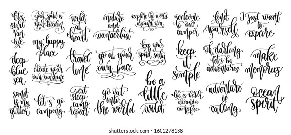 set of 25 travel positive quotes, motivation and inspiration discover adventure hand lettering text, calligraphy vector illustration collection 