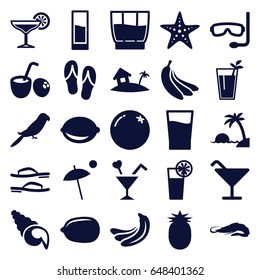 set of 25 tropical filled icons such as orange, banana, alligator, parrot, cocktail, lemon, lemon, cocktail, home on island, drink, drink coconut, umbrella