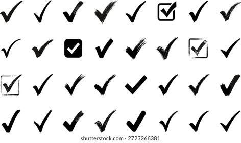 Set of 25 Unique Black Check Marks, Minimalist Icons for UI Design, Branding, Web Elements, Approval Symbols, Vector Illustration