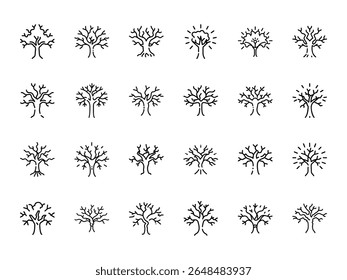 Set of 25 Unique Hand-Drawn Tree Icons in Minimalist Black Line Art Style – Stylized Bare Trees and Nature Symbols for Eco, Botanical, or Seasonal Design Projects