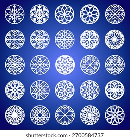 Set of 25 unique vector snowflakes on a blue background. Perfect for winter designs, greeting cards, festive packaging, posters, and decorative elements.