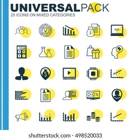 Set Of 25 Universal Editable Icons For Computer Hardware, Advertising And Education Topics. Includes Icons Such As Shopping, Chemical, Human Mind And More.