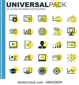 Set Of 25 Universal Editable Icons For Marketing, Project Management And Education Topics. Includes Icons Such As Market Research, Video Player, Plastic Card And More.