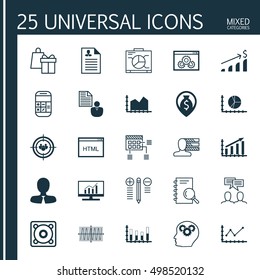 Set Of 25 Universal Editable Icons For Computer Hardware, Advertising And SEO Topics. Includes Icons Such As Market Research, Analysis, Cosinus Diagram And More.