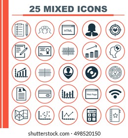 Set Of 25 Universal Editable Icons For Business Management, Marketing And Education Topics. Includes Icons Such As Business Woman, Certificate, Road Map And More.