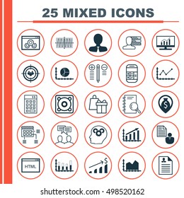 Set Of 25 Universal Editable Icons For Statistics, SEO And Advertising Topics. Includes Icons Such As Circle Graph, Brain Process, Curriculum Vitae And More.