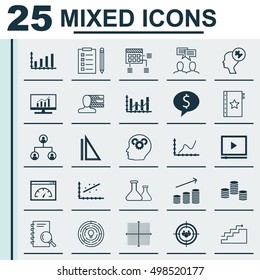 Set Of 25 Universal Editable Icons For Advertising, Marketing And Education Topics. Includes Icons Such As Market Research, Dynamics, Focus Group And More.