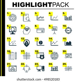 Set Of 25 Universal Editable Icons For Statistics, Human Resources And SEO Topics. Includes Icons Such As Computer, Stock Market, Achievement Graph And More.