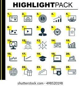 Set Of 25 Universal Editable Icons For Computer Hardware, Statistics And Advertising Topics. Includes Icons Such As Line Up, Shopping, Stock Market And More.