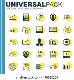 Set Of 25 Universal Editable Icons For Marketing, SEO And Computer Hardware Topics. Includes Icons Such As Raise Diagram, Video Player, Financial And More.
