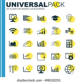 Set Of 25 Universal Editable Icons For Business Management, Computer Hardware And SEO Topics. Includes Icons Such As Financial, Analytics, Graduation And More.