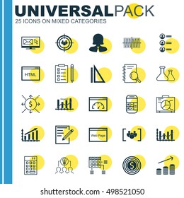 Set Of 25 Universal Editable Icons For Human Resources, Advertising And SEO Topics. Includes Icons Such As Schedule, Keyword Optimisation, Coins Growth And More.