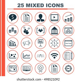 Set Of 25 Universal Editable Icons For Computer Hardware, Advertising And Project Management Topics. Includes Icons Such As Website, Fail Graph, Reminder And More.