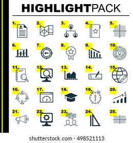 Set Of 25 Universal Editable Icons For Computer Hardware, Statistics And Human Resources Topics. Includes Icons Such As Sequence Graphics, Time Management, Keyword Optimisation And More.