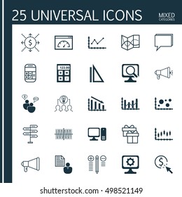 Set Of 25 Universal Editable Icons For Advertising, Education And Computer Hardware Topics. Includes Icons Such As Road Map, Changes Graph, Laptop And More.