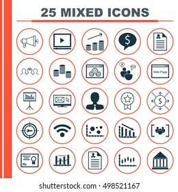 Set Of 25 Universal Editable Icons For Project Management, Human Resources And Statistics Topics. Includes Icons Such As Money, Coins Growth, Media Campaign And More.