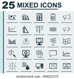 Set Of 25 Universal Editable Icons For Statistics, Education And Advertising Topics. Includes Icons Such As Money, Measurement, Report And More.