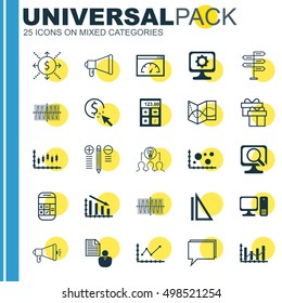 Set Of 25 Universal Editable Icons For Business Management, Advertising And Statistics Topics. Includes Icons Such As Measurement, Fail Graph, Present And More.
