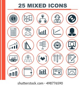 Set Of 25 Universal Editable Icons For Advertising, Business Management And Marketing Topics. Includes Icons Such As Road Map, Wallet, Successful Investment And More
