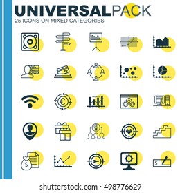 Set Of 25 Universal Editable Icons For Statistics, Travel And Computer Hardware Topics. Includes Icons Such As Website Performance, Credit Card, Line Up And More